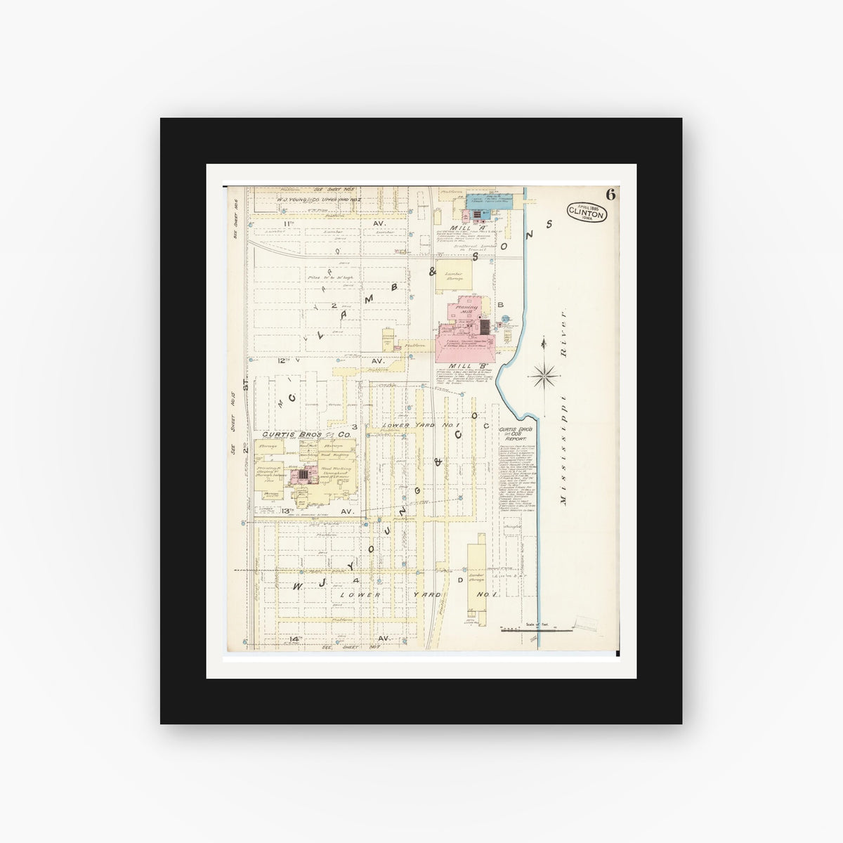 Old map wall art mockup — black gallery frame with white mat — Sanborn Fire Insurance Map from Clinton, Clinton County, Iowa (1885), Sheet #0006