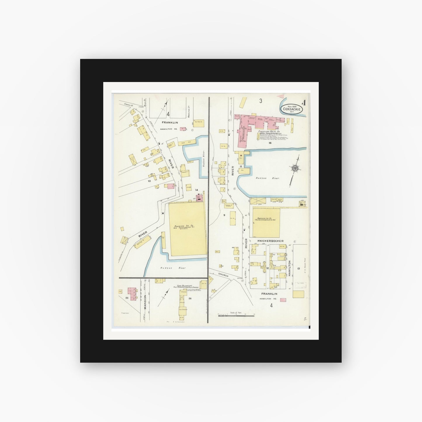 Old map wall art mockup — black gallery frame with white mat — Sanborn Fire Insurance Map from Coxsackie, Greene County, New York (1909), Sheet #0004