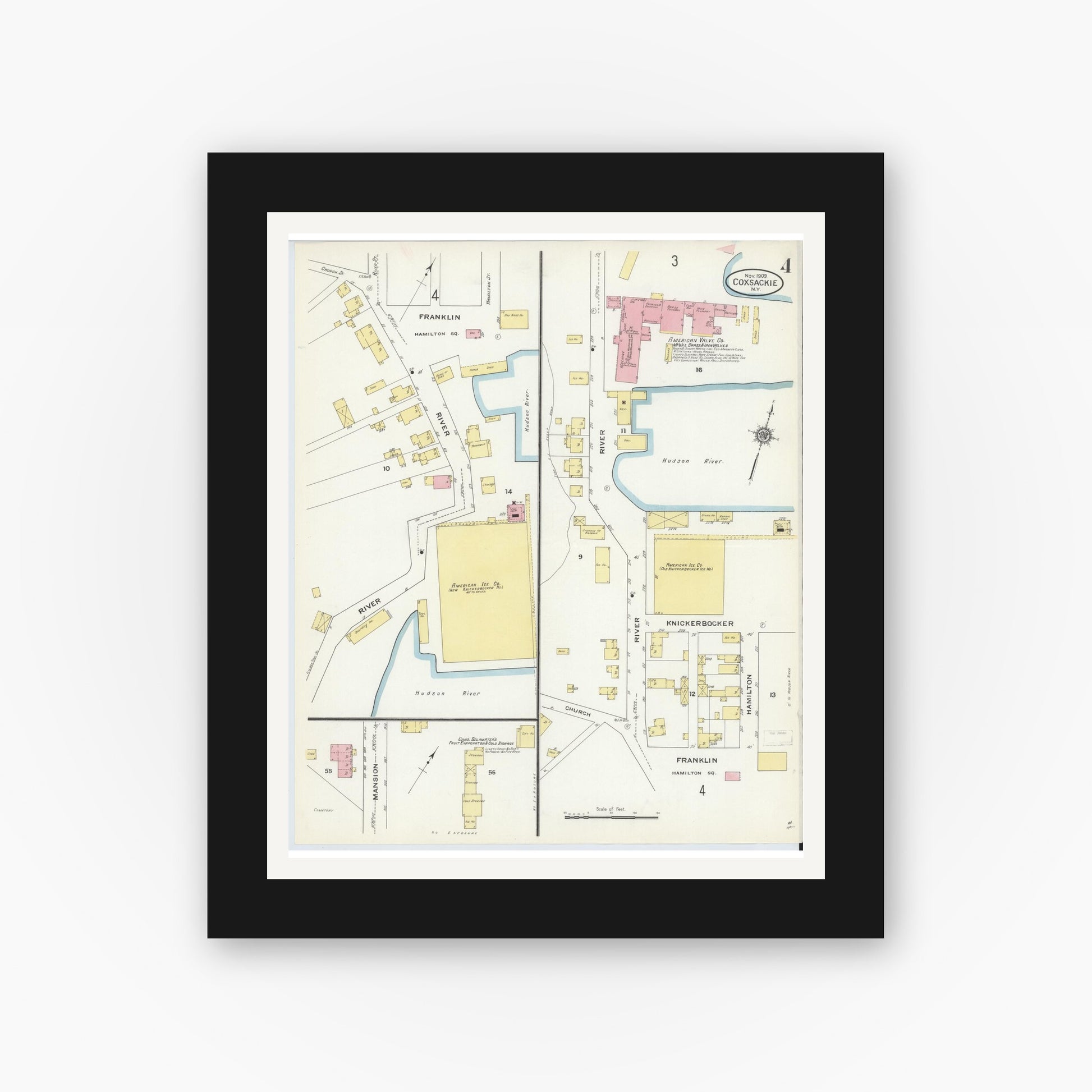 Old map wall art mockup — black gallery frame with white mat — Sanborn Fire Insurance Map from Coxsackie, Greene County, New York (1909), Sheet #0004