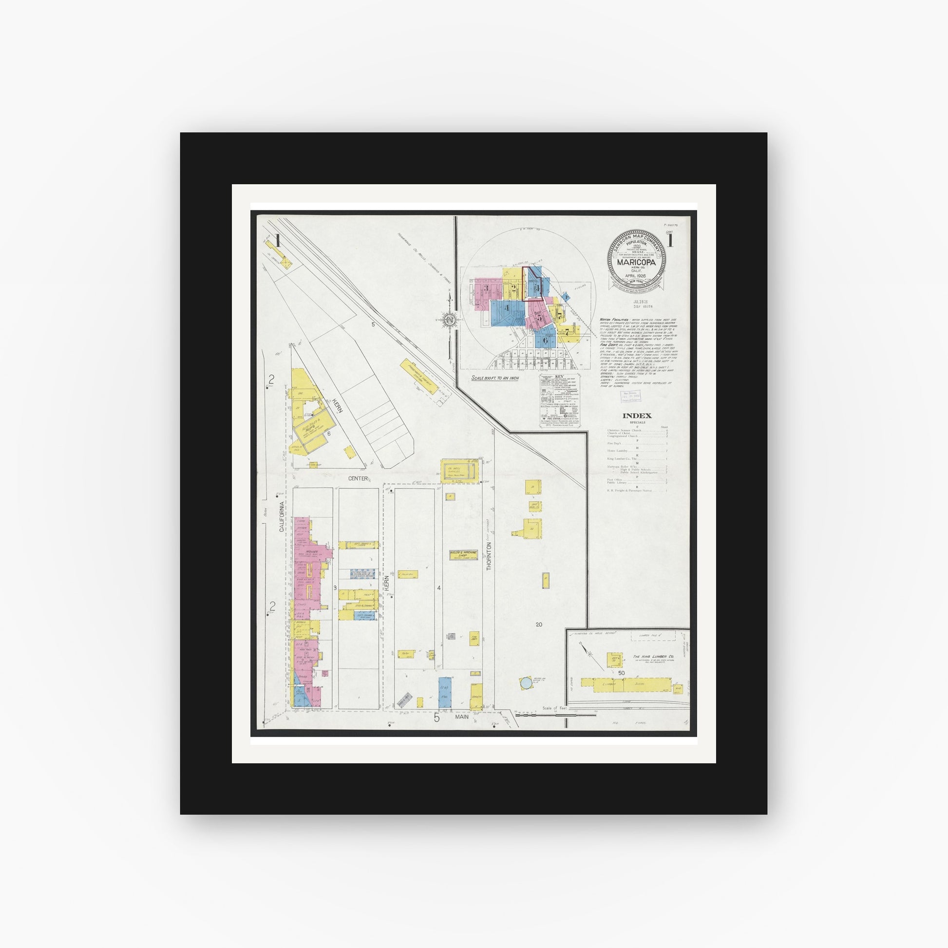 Old map wall art mockup — black gallery frame with white mat — Sanborn Fire Insurance Map from Maricopa, Kern County, California (1926) - Complete Map Set