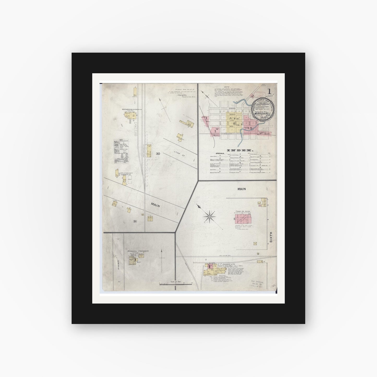 Old map wall art mockup — black gallery frame with white mat — Sanborn Fire Insurance Map from Marshall, Lyon County, Minnesota (1892), Sheet #0001