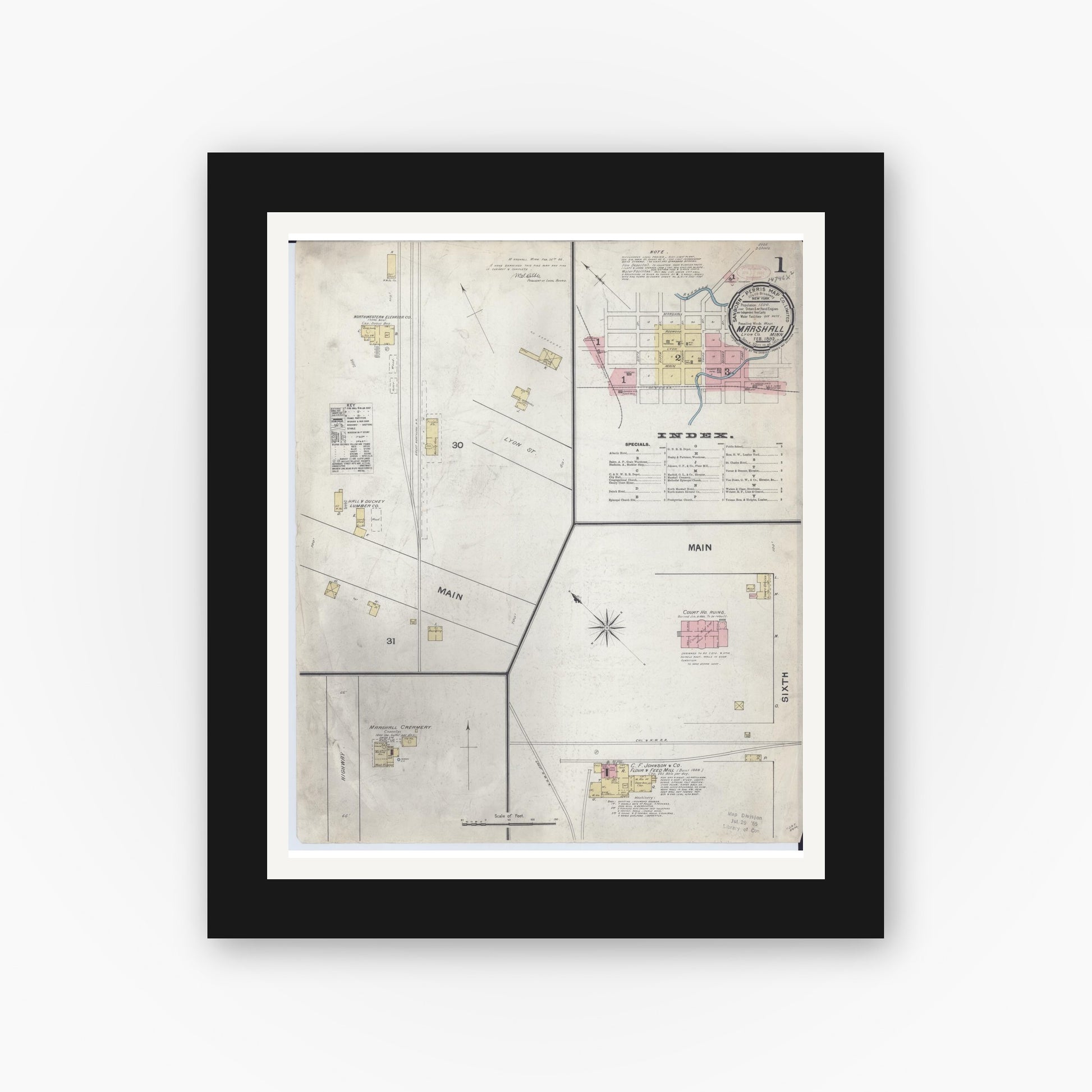 Old map wall art mockup — black gallery frame with white mat — Sanborn Fire Insurance Map from Marshall, Lyon County, Minnesota (1892), Sheet #0001