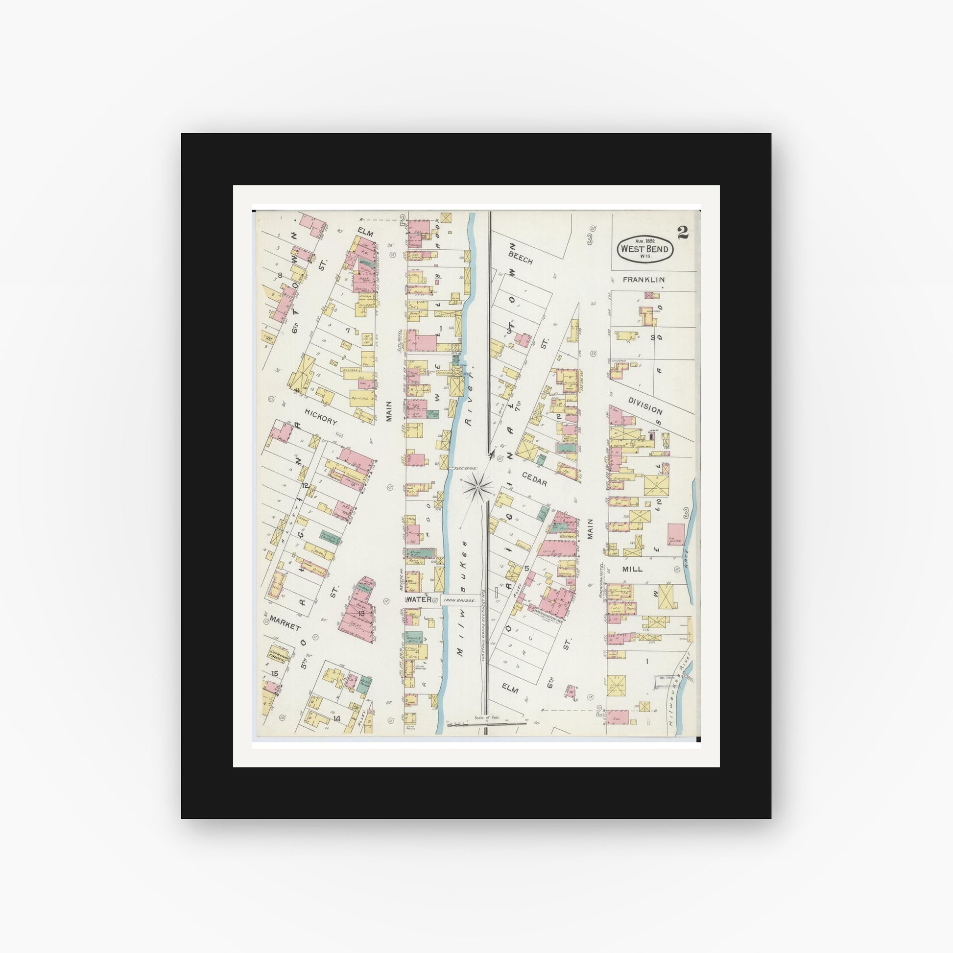 Old map wall art mockup — black gallery frame with white mat — Sanborn Fire Insurance Map from West Bend, Washington County, Wisconsin (1892), Sheet #0002