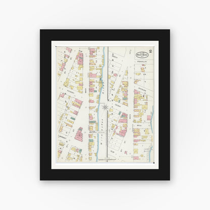 Old map wall art mockup — black gallery frame with white mat — Sanborn Fire Insurance Map from West Bend, Washington County, Wisconsin (1892), Sheet #0002