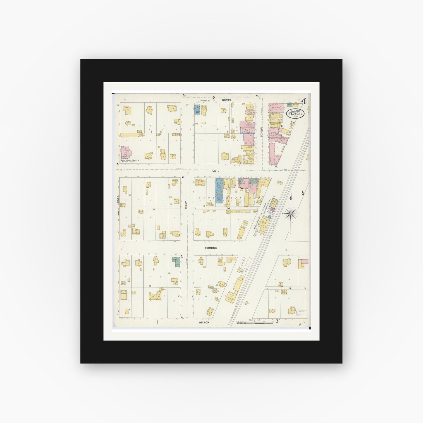 Old map wall art mockup — black gallery frame with white mat — Sanborn Fire Insurance Map from Peotone, Will County, Illinois (1907), Sheet #0004
