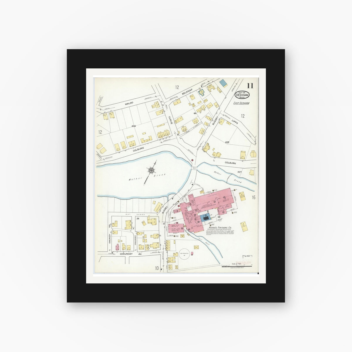 Old map wall art mockup — black gallery frame with white mat — Sanborn Fire Insurance Map from Dedham, Norfolk County, Massachusetts (1917), Sheet #0011