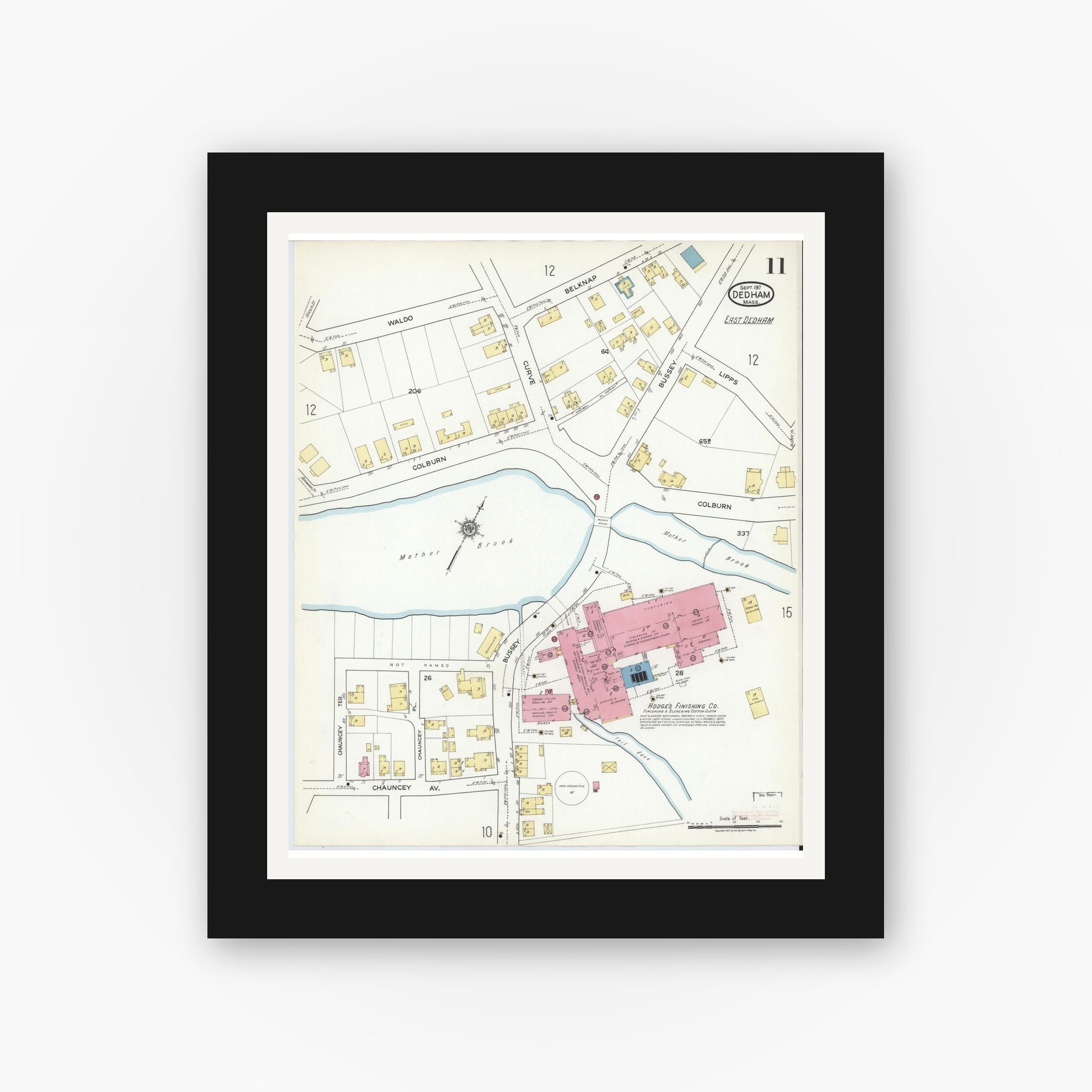 Old map wall art mockup — black gallery frame with white mat — Sanborn Fire Insurance Map from Dedham, Norfolk County, Massachusetts (1917), Sheet #0011