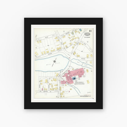 Old map wall art mockup — black gallery frame with white mat — Sanborn Fire Insurance Map from Dedham, Norfolk County, Massachusetts (1917), Sheet #0011