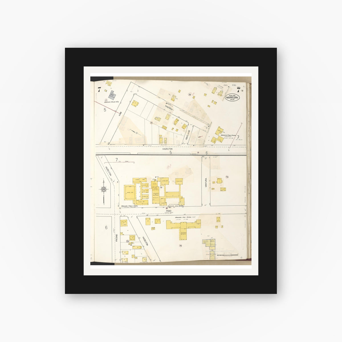 Old map wall art mockup — black gallery frame with white mat — Sanborn Fire Insurance Map from Maricopa, Kern County, California (1942), Sheet #0007