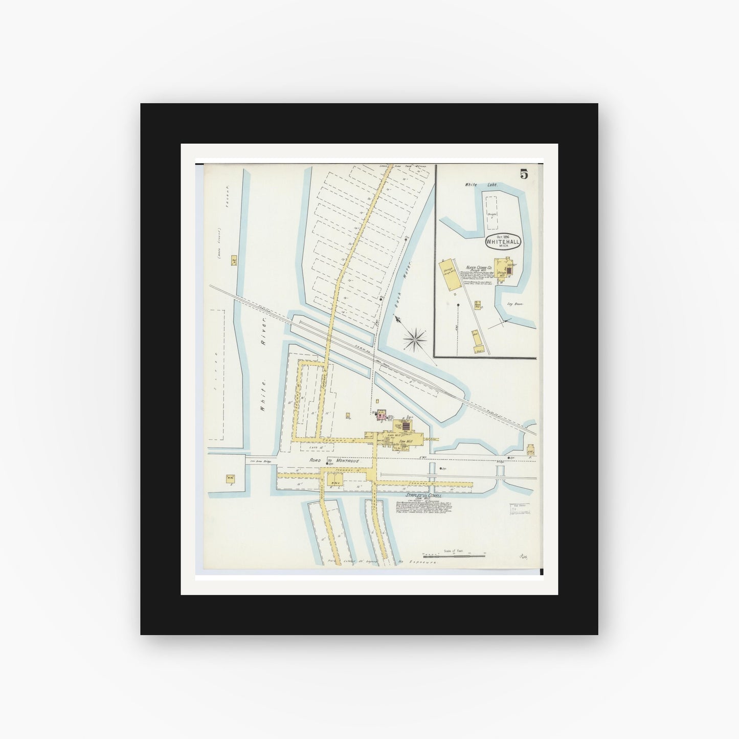Old map wall art mockup — black gallery frame with white mat — Sanborn Fire Insurance Map from Whitehall, Muskegon County, Michigan (1896), Sheet #0005