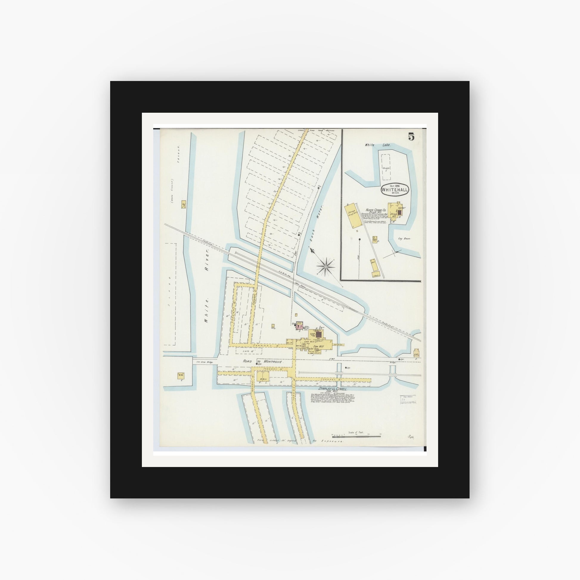 Old map wall art mockup — black gallery frame with white mat — Sanborn Fire Insurance Map from Whitehall, Muskegon County, Michigan (1896), Sheet #0005
