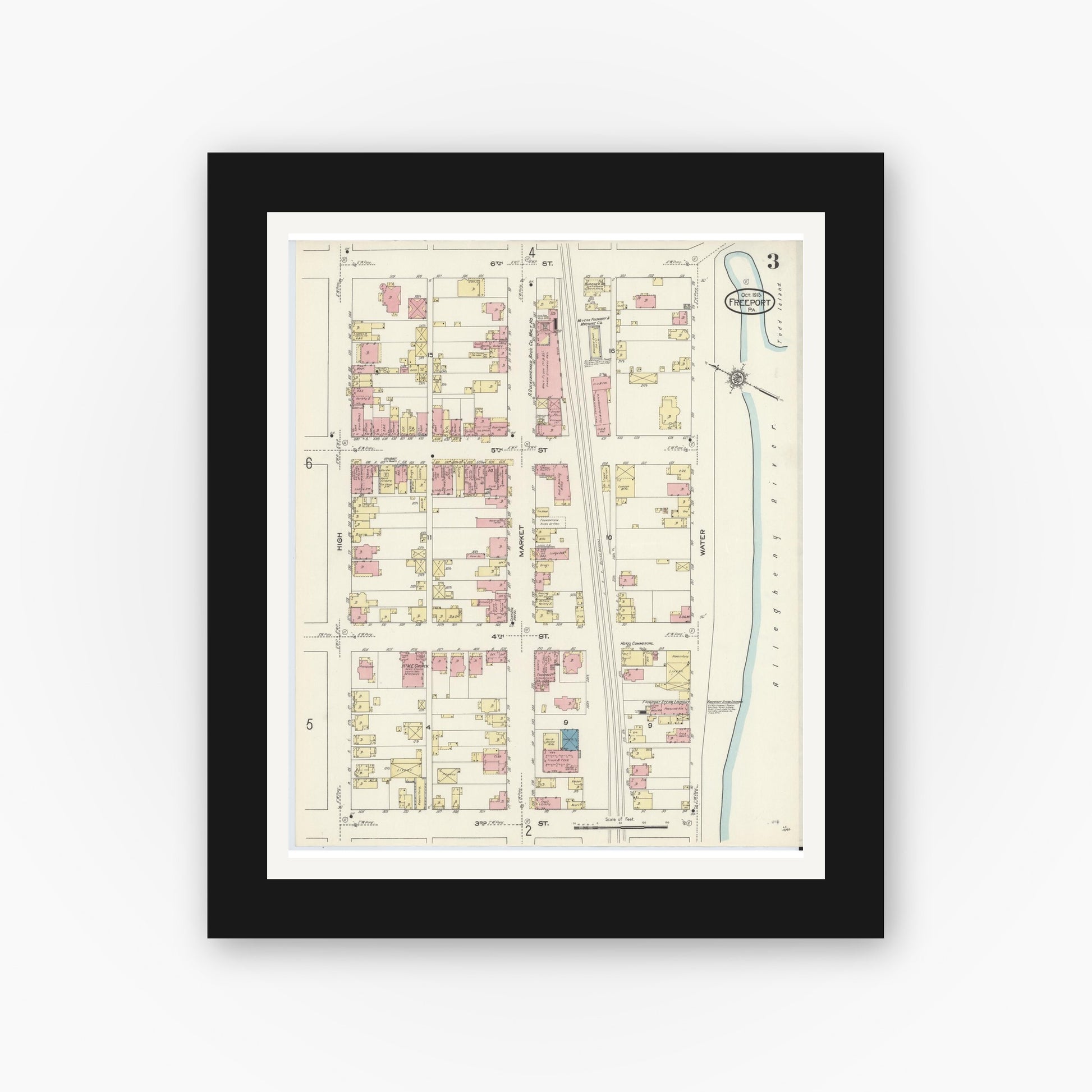 Old map wall art mockup — black gallery frame with white mat — Sanborn Fire Insurance Map from Freeport, Armstrong County, Pennsylvania (1913), Sheet #0003