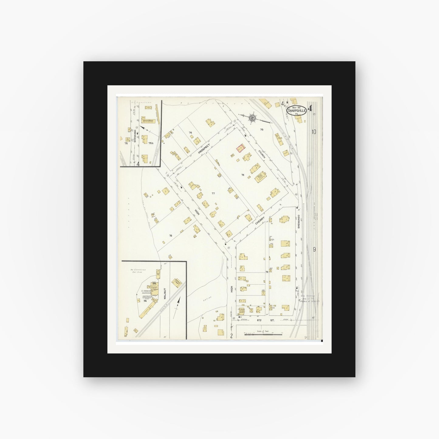 Old map wall art mockup — black gallery frame with white mat — Sanborn Fire Insurance Map from Sharpsville, Mercer County, Pennsylvania (1912), Sheet #0004