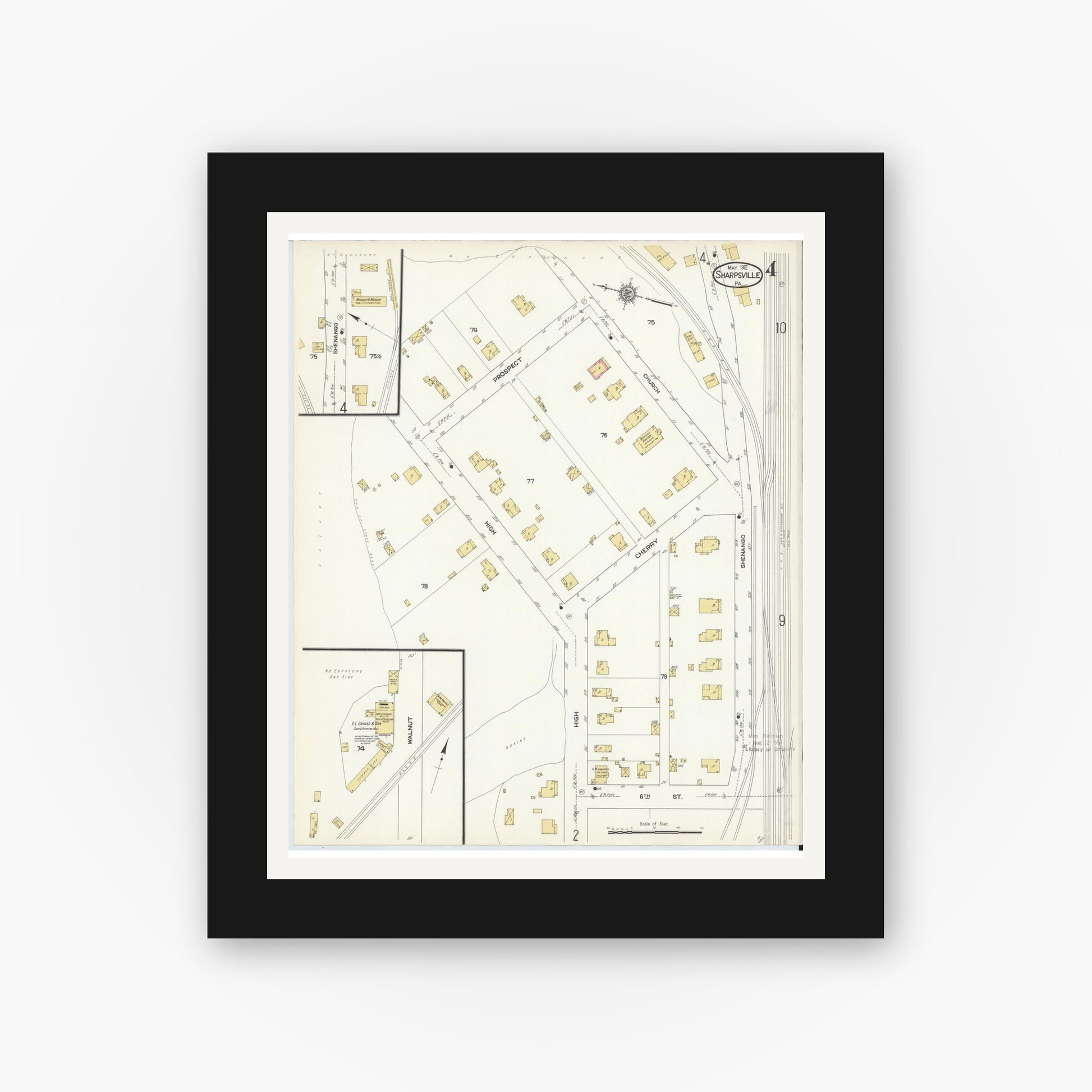 Old map wall art mockup — black gallery frame with white mat — Sanborn Fire Insurance Map from Sharpsville, Mercer County, Pennsylvania (1912), Sheet #0004