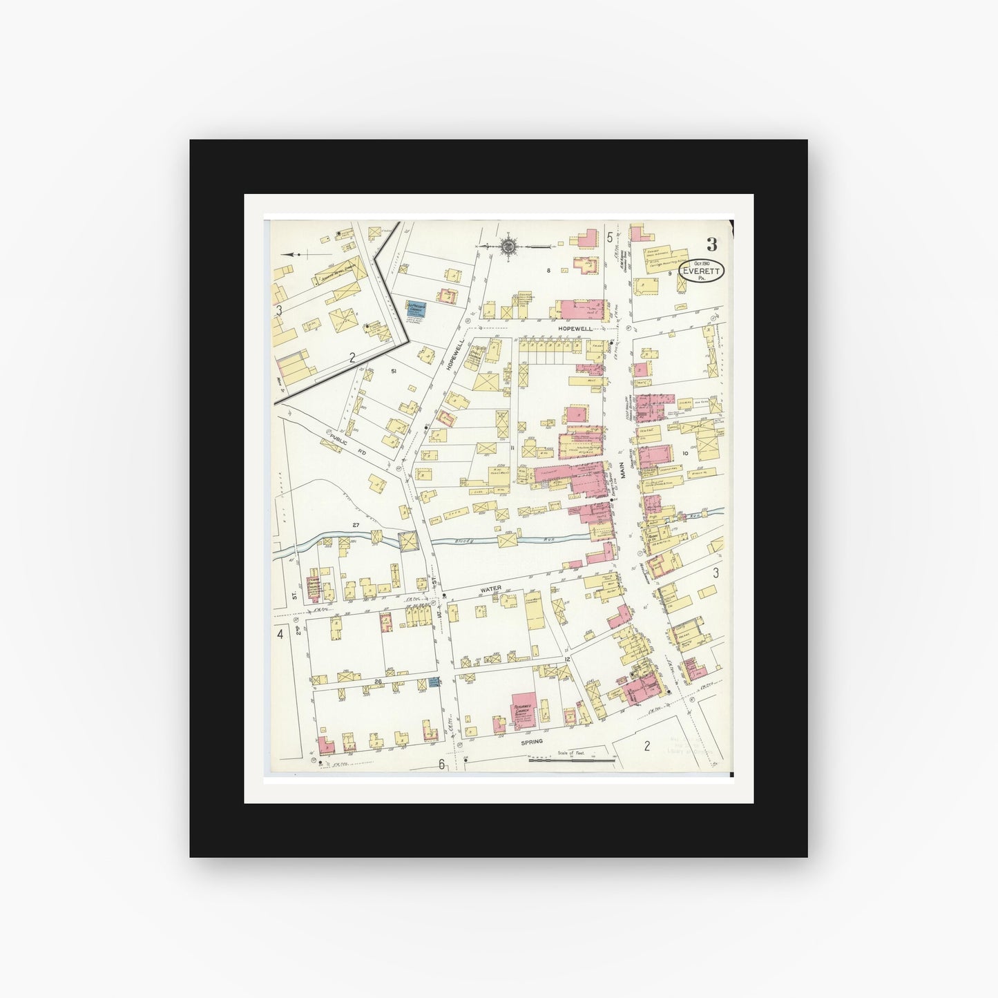 Old map wall art mockup — black gallery frame with white mat — Sanborn Fire Insurance Map from Everett, Bedford County, Pennsylvania (1910), Sheet #0003