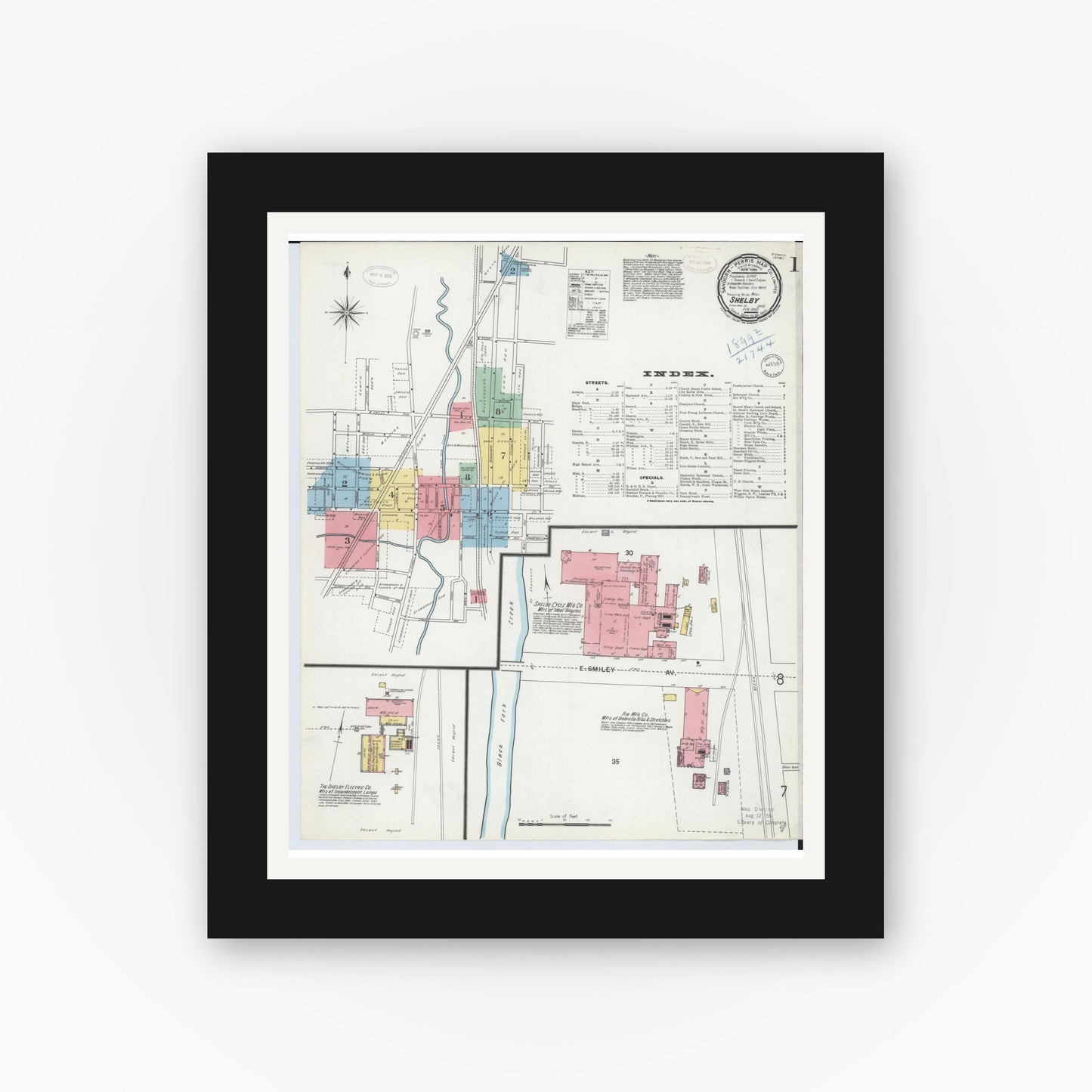 Old map wall art mockup — black gallery frame with white mat — Sanborn Fire Insurance Map from Shelby, Richland County, Ohio (1899), Sheet #0001