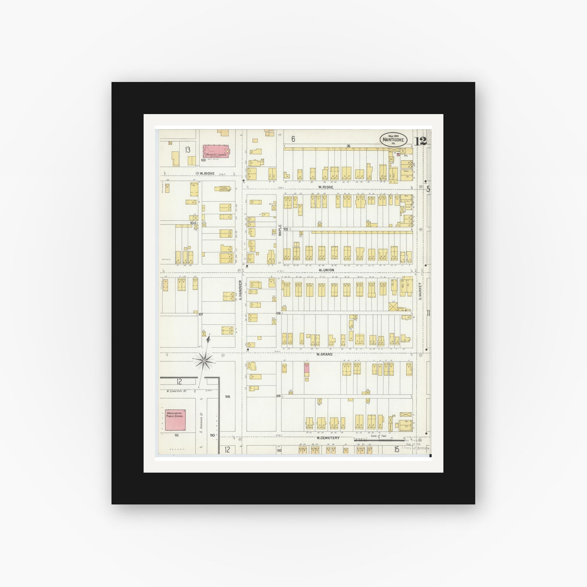 Old map wall art mockup — black gallery frame with white mat — Sanborn Fire Insurance Map from Nanticoke, Luzerne County, Pennsylvania (1903), Sheet #0012