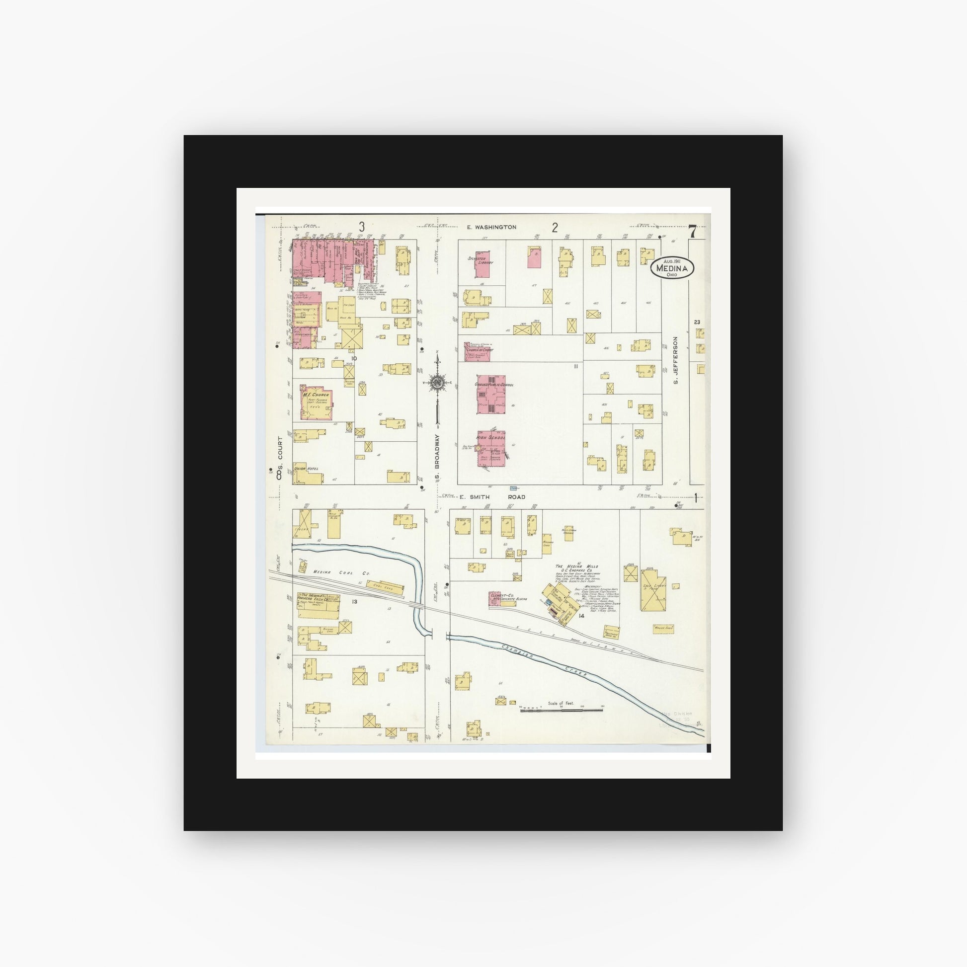 Old map wall art mockup — black gallery frame with white mat — Sanborn Fire Insurance Map from Medina, Medina County, Ohio (1911), Sheet #0007