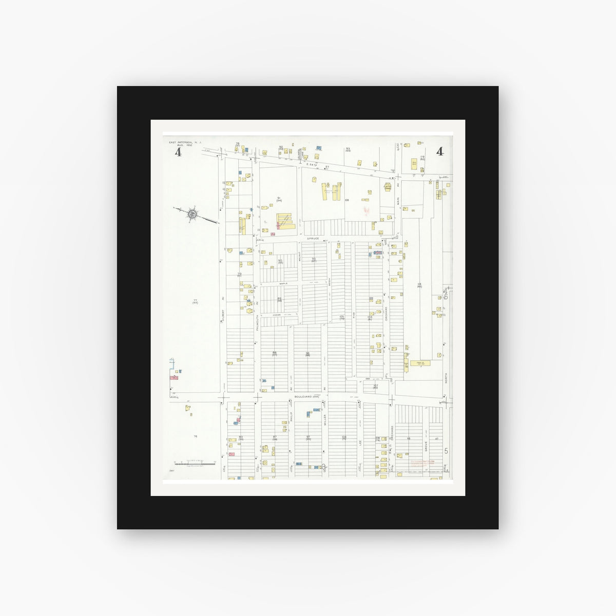 Old map wall art mockup — black gallery frame with white mat — Sanborn Fire Insurance Map from East Paterson, Bergen County, New Jersey (1932), Sheet #0004