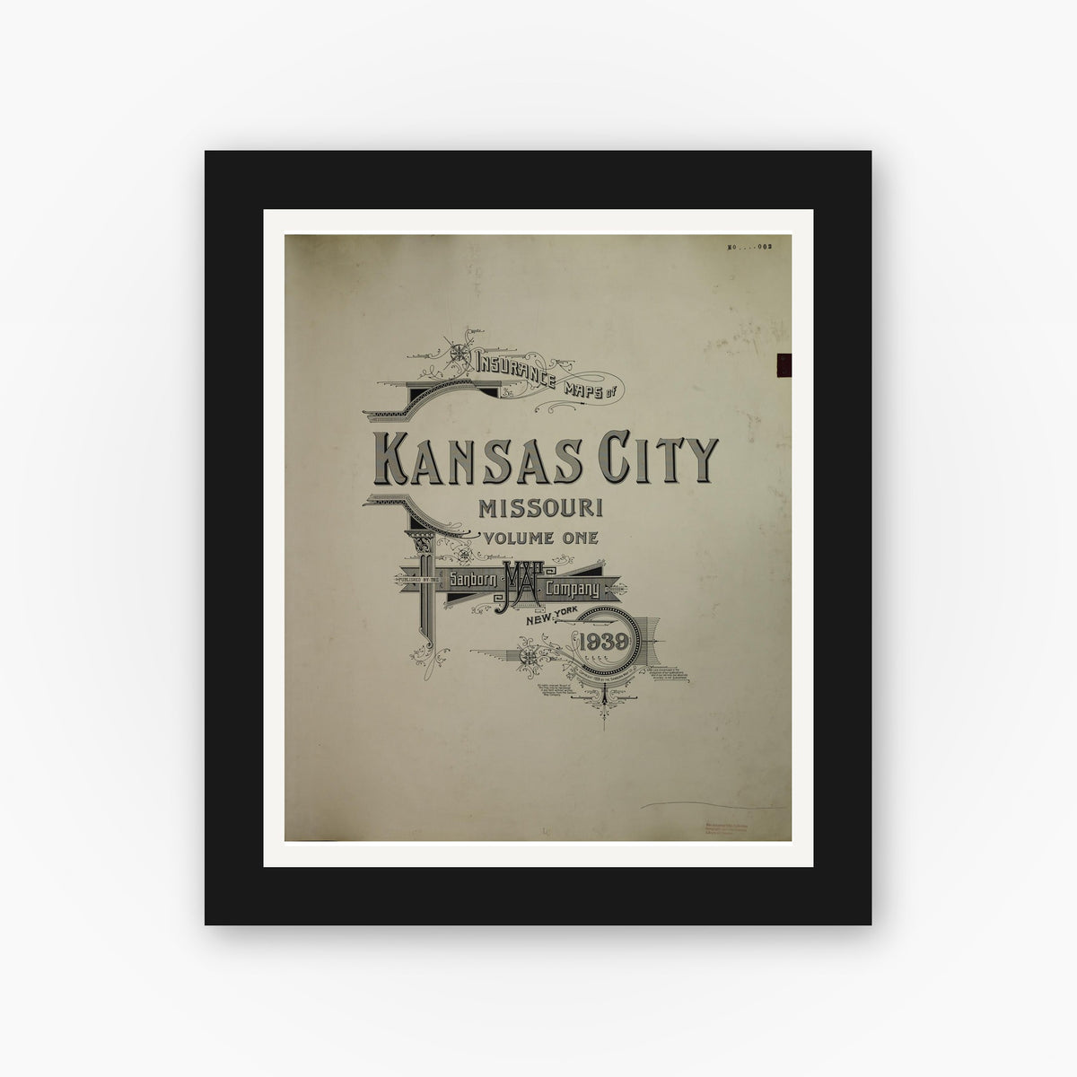 Old map wall art mockup — black gallery frame with white mat — Sanborn Fire Insurance Map from Kansas City, Jackson, Clay, And Platte Counties, Missouri (1950), Sheet #0001