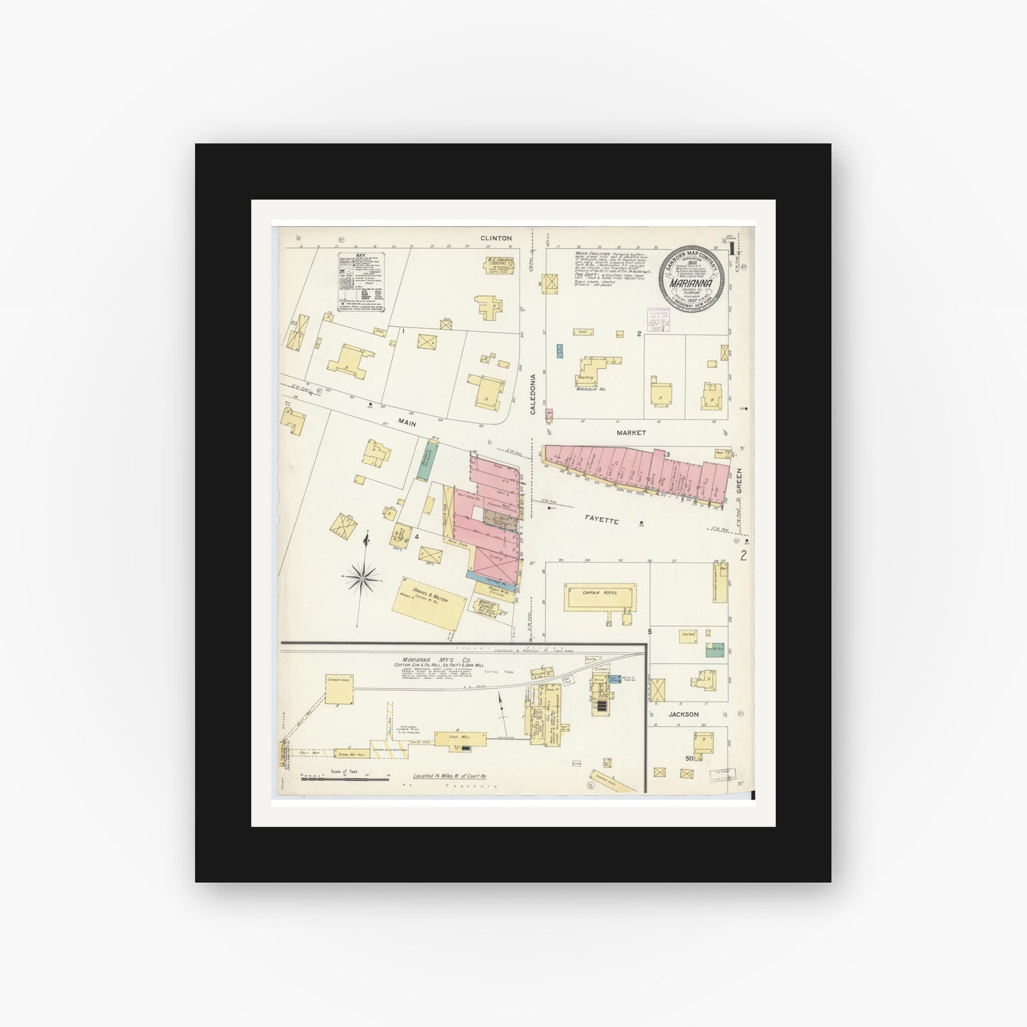 Old map wall art mockup — black gallery frame with white mat — Sanborn Fire Insurance Map from Marianna, Jackson County, Florida (1907) - Complete Map Set