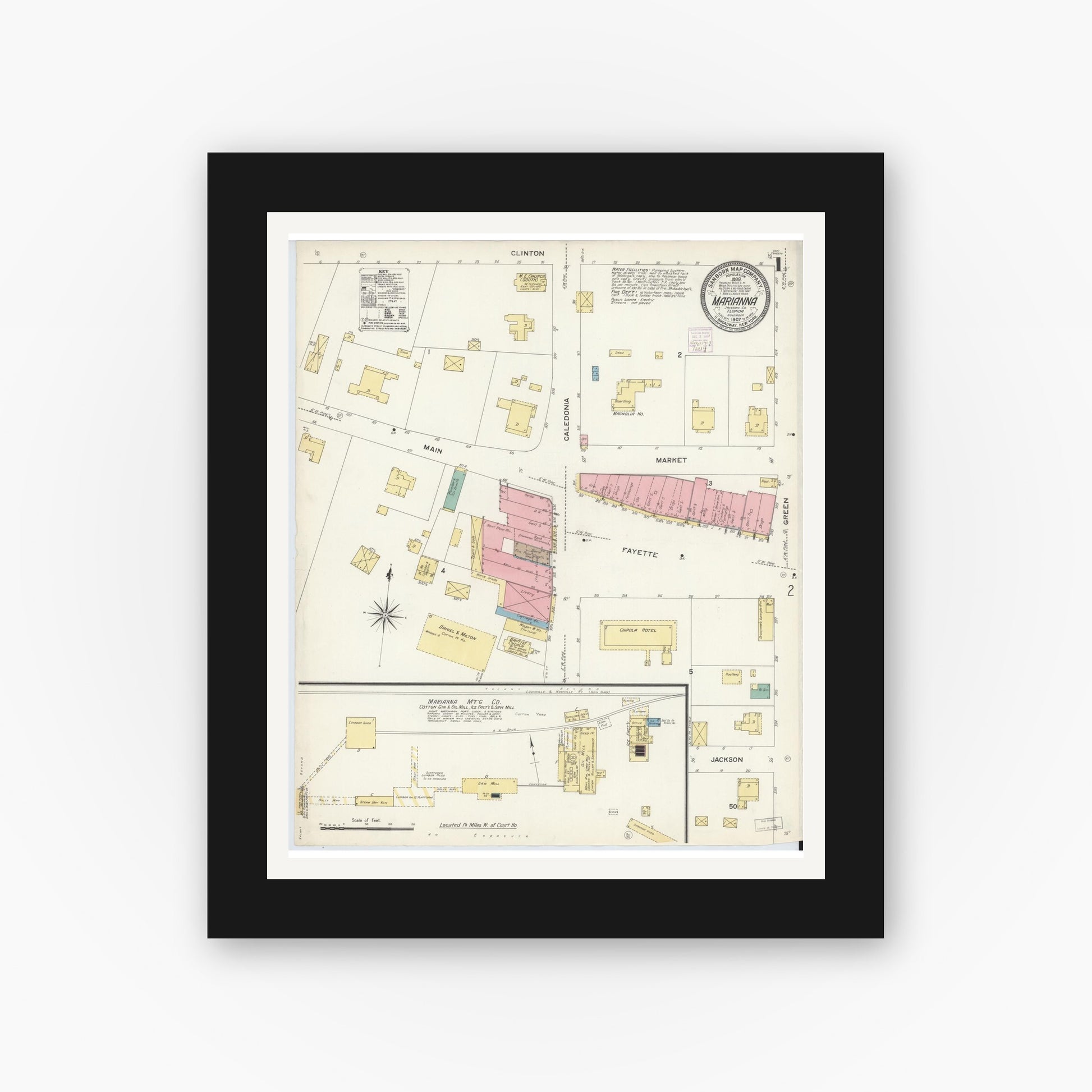 Old map wall art mockup — black gallery frame with white mat — Sanborn Fire Insurance Map from Marianna, Jackson County, Florida (1907) - Complete Map Set