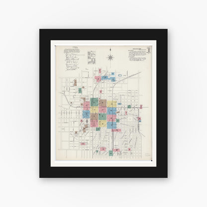 Old map wall art mockup — black gallery frame with white mat — Sanborn Fire Insurance Map from Springfield, Sangamon County, Illinois (1890), Sheet #0001