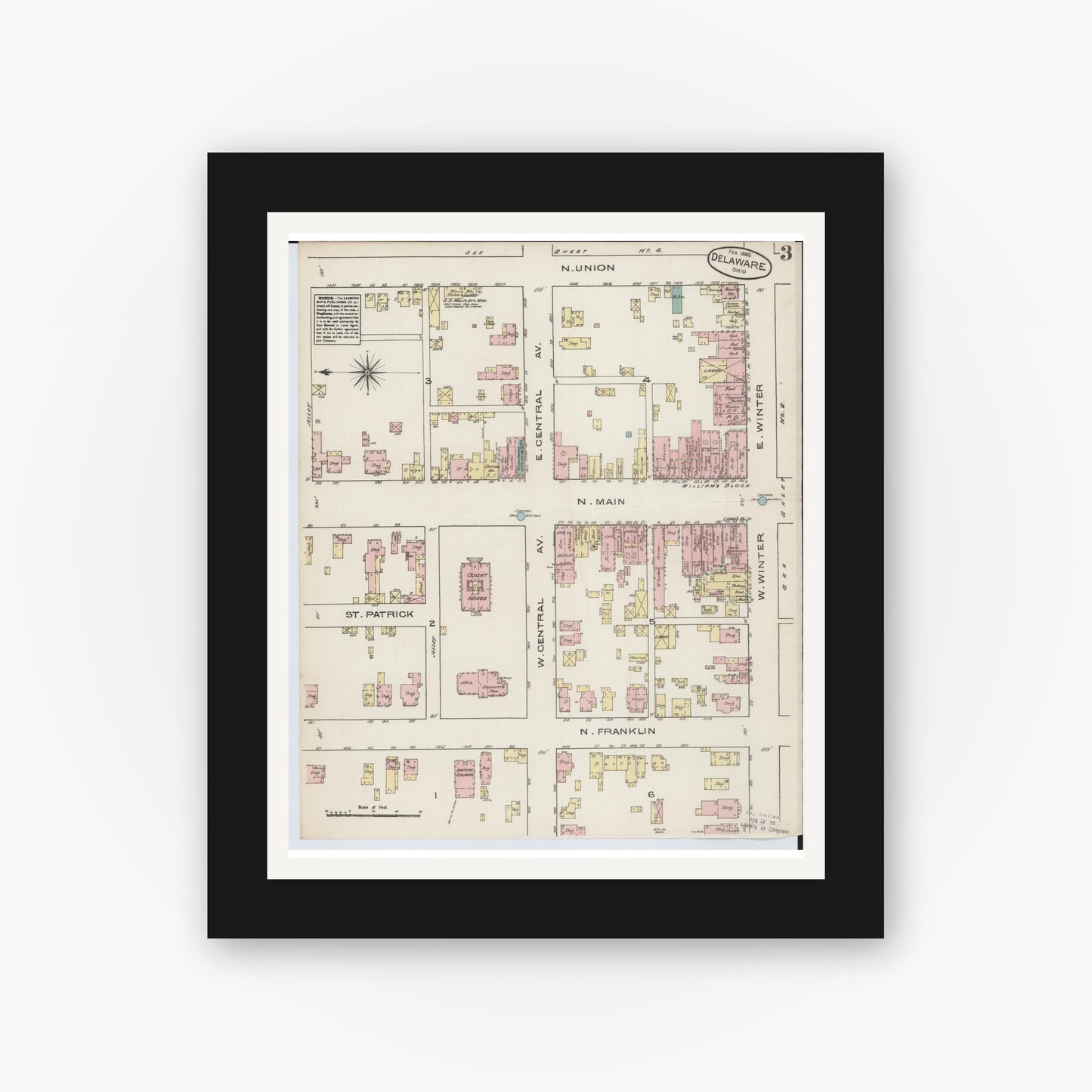 Old map wall art mockup — black gallery frame with white mat — Sanborn Fire Insurance Map from Delaware, Delaware County, Ohio (1885), Sheet #0003