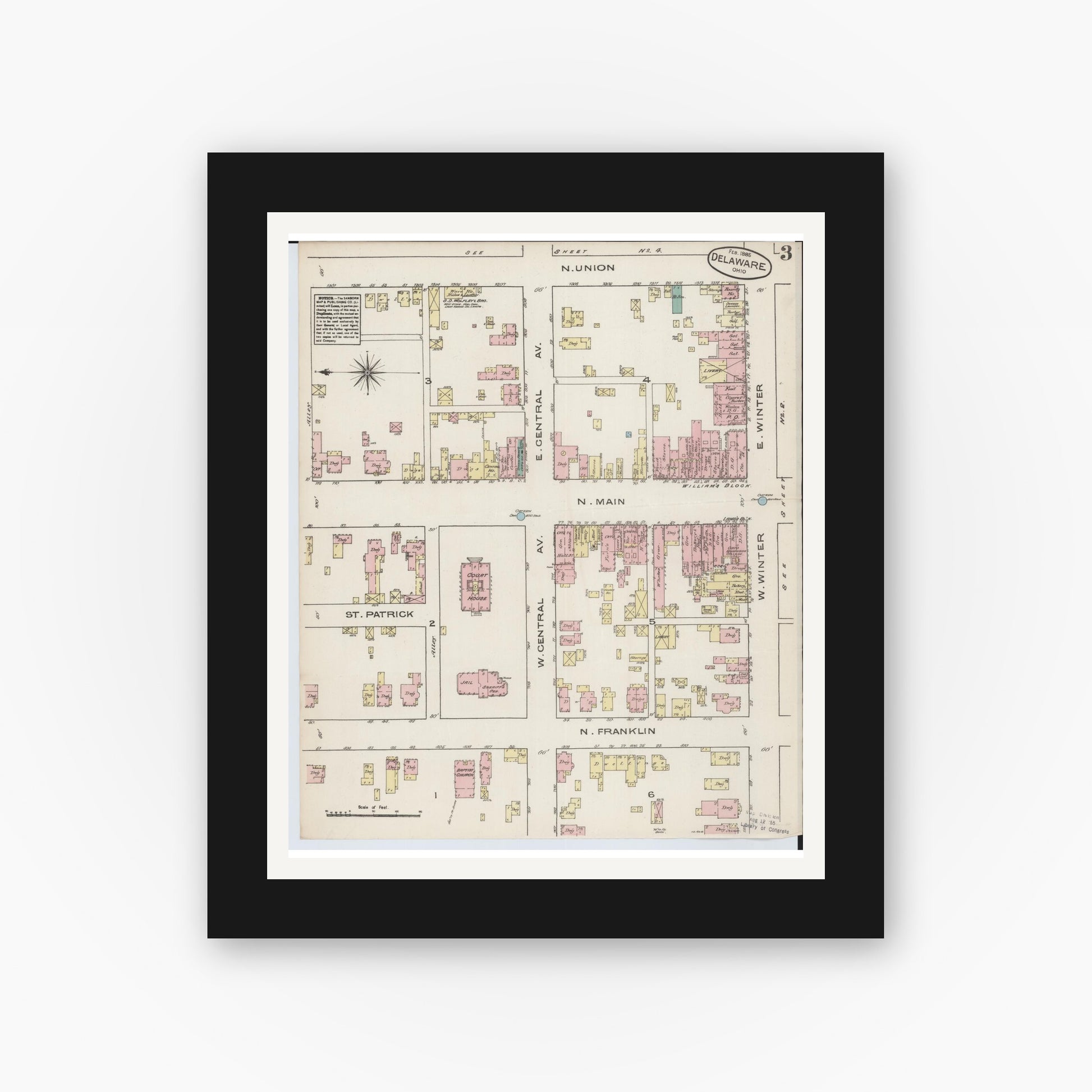 Old map wall art mockup — black gallery frame with white mat — Sanborn Fire Insurance Map from Delaware, Delaware County, Ohio (1885), Sheet #0003