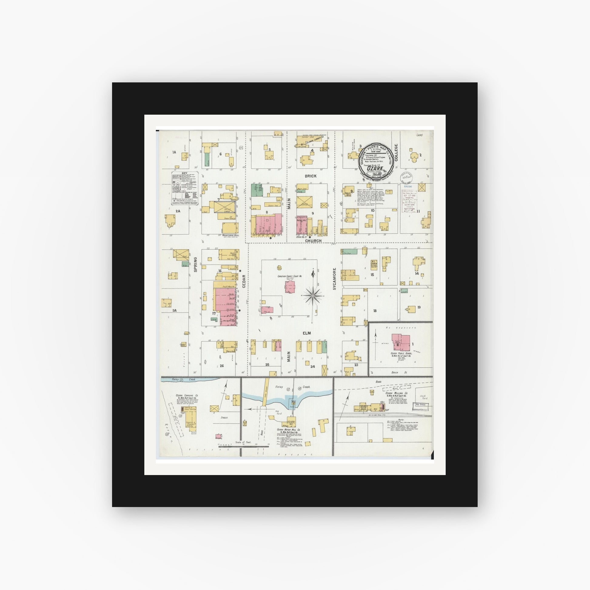 Old map wall art mockup — black gallery frame with white mat — Sanborn Fire Insurance Map from Ozark, Christian County, Missouri (1900), Sheet #0001