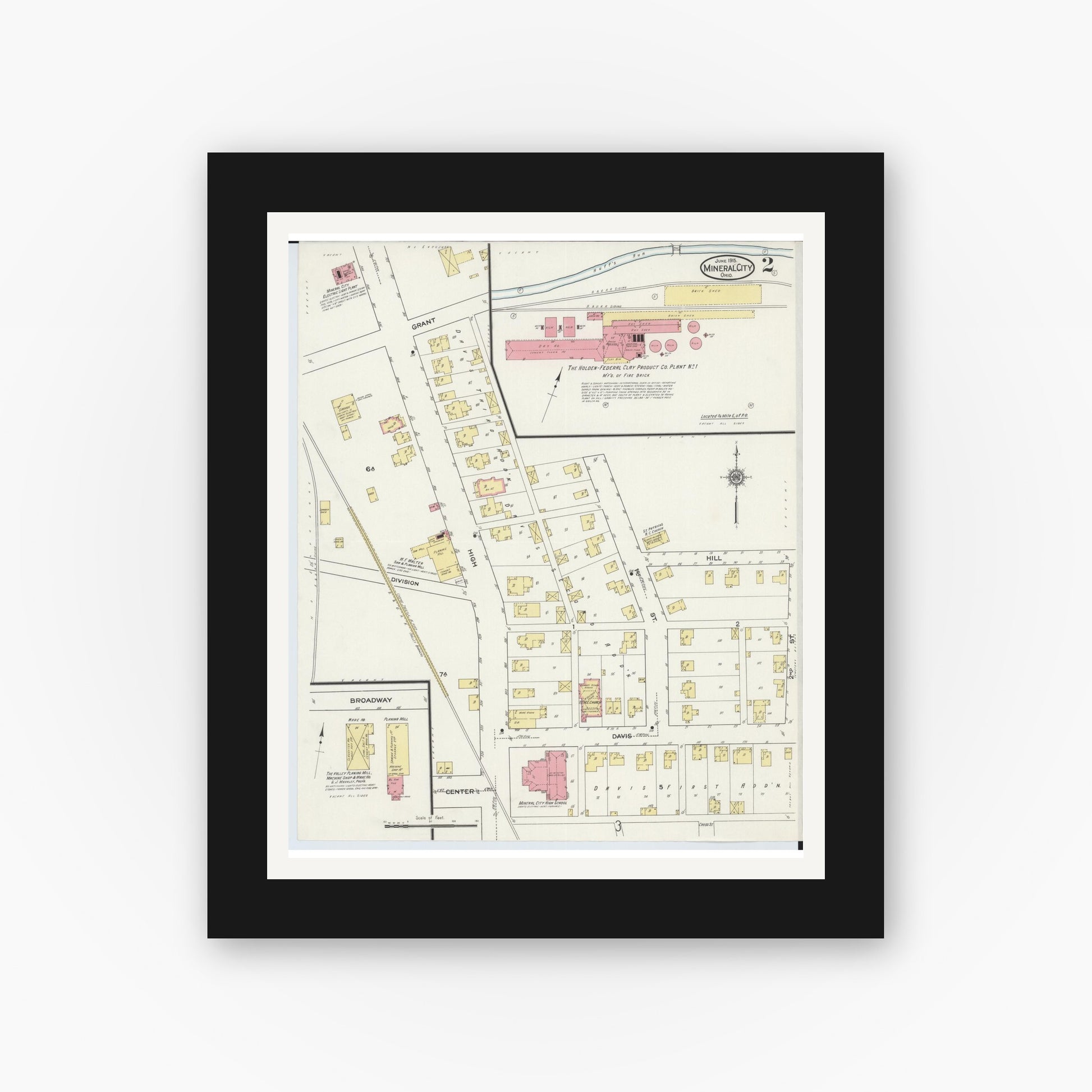 Old map wall art mockup — black gallery frame with white mat — Sanborn Fire Insurance Map from Mineral City, Tuscarawas County, Ohio (1915), Sheet #0002