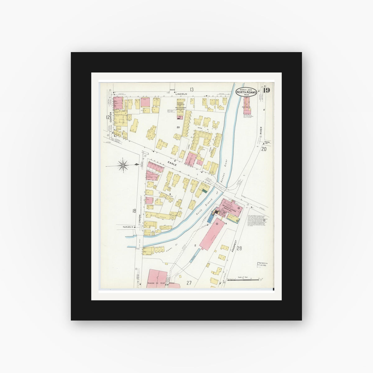 Old map wall art mockup — black gallery frame with white mat — Sanborn Fire Insurance Map from North Adams, Berkshire County, Massachusetts (1908), Sheet #0019