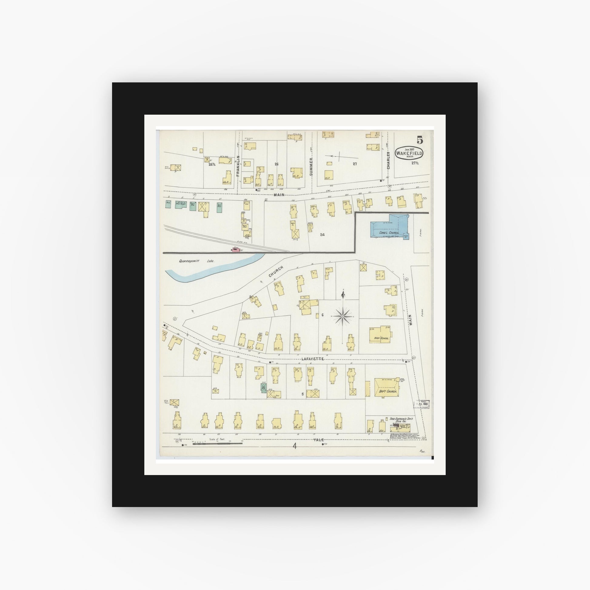 Old map wall art mockup — black gallery frame with white mat — Sanborn Fire Insurance Map from Wakefield, Middlesex County, Massachusetts (1897), Sheet #0005