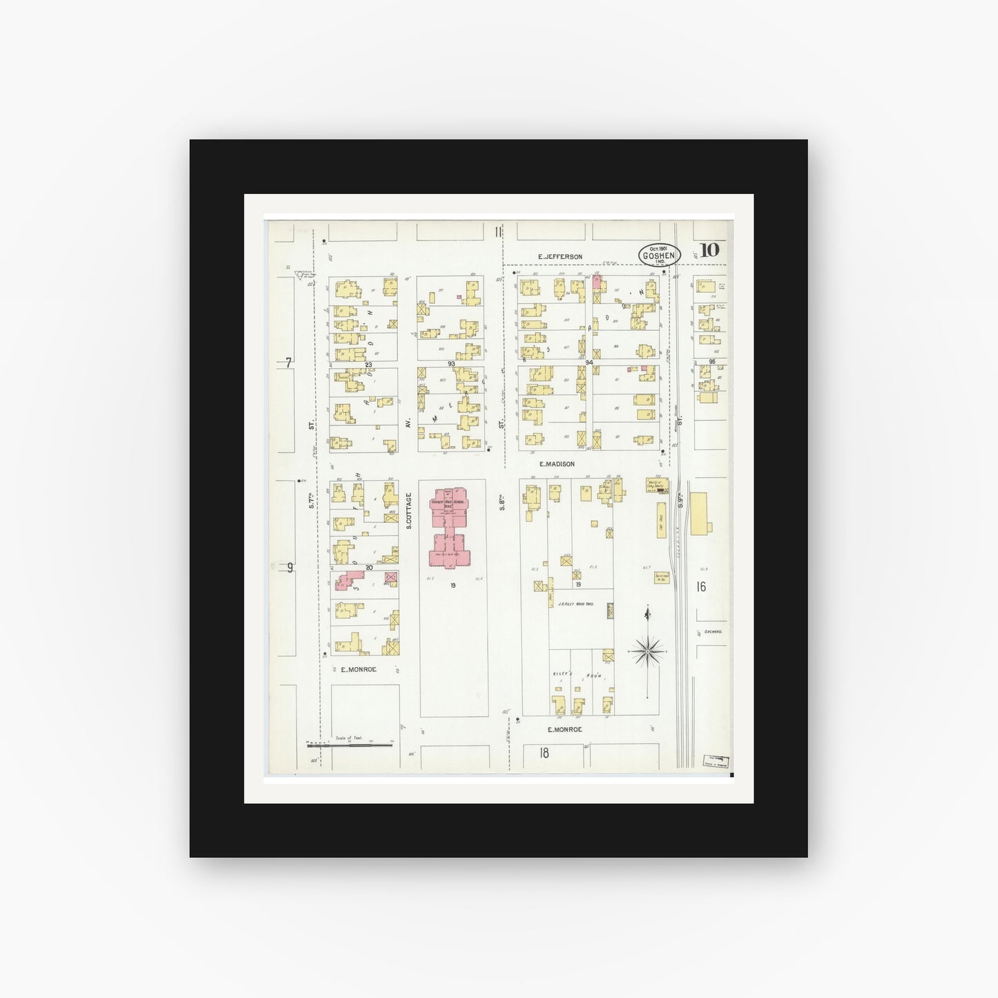 Old map wall art mockup — black gallery frame with white mat — Sanborn Fire Insurance Map from Goshen, Elkhart County, Indiana (1901), Sheet #0010