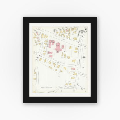 Old map wall art mockup — black gallery frame with white mat — Sanborn Fire Insurance Map from Chicopee, Hampden County, Massachusetts (1910), Sheet #0013