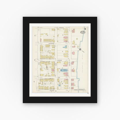Old map wall art mockup — black gallery frame with white mat — Sanborn Fire Insurance Map from Bristol, Bucks County, Pennsylvania (1915), Sheet #0009