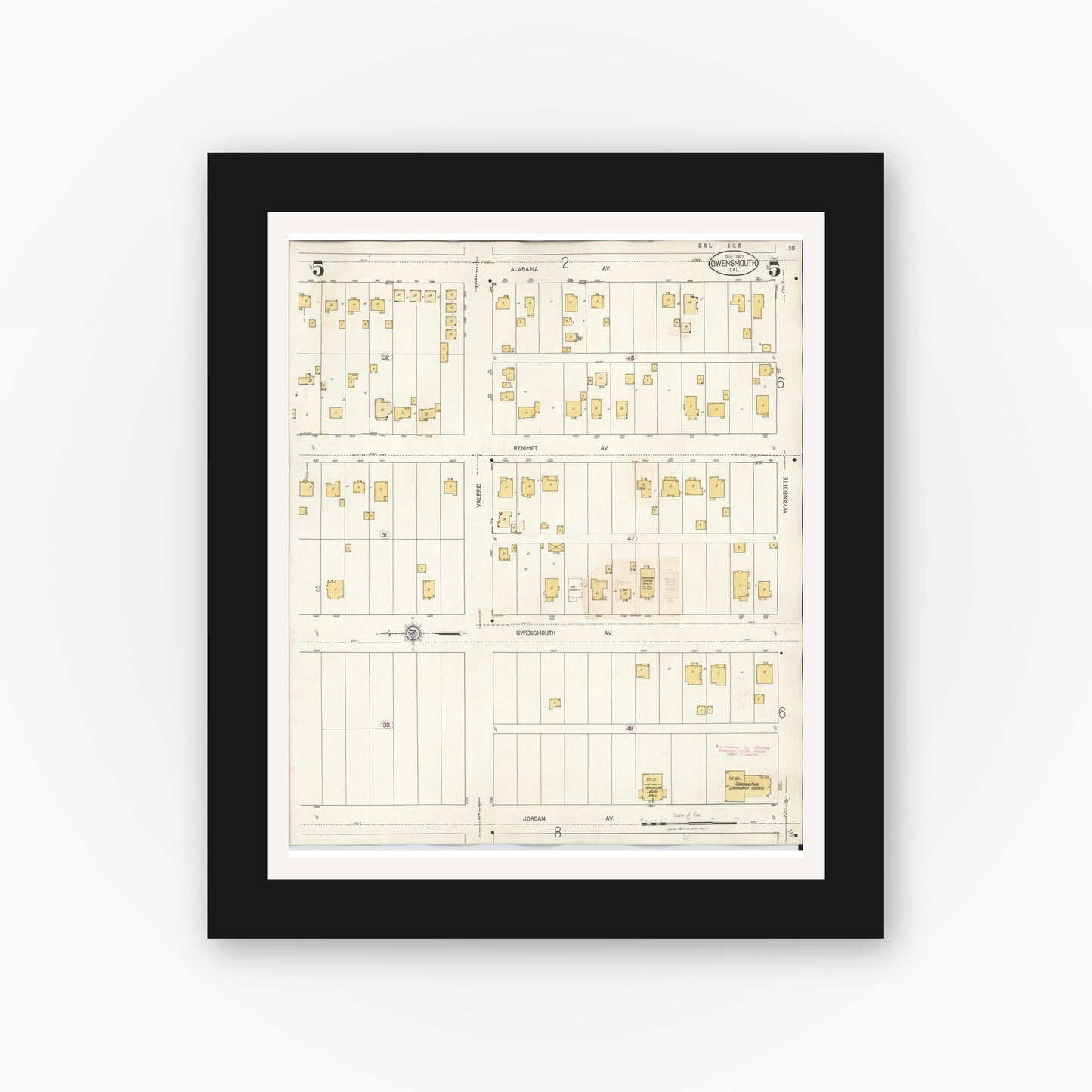 Old map wall art mockup — black gallery frame with white mat — Sanborn Fire Insurance Map from Canoga Park, Los Angeles County, California (1932), Sheet #0005