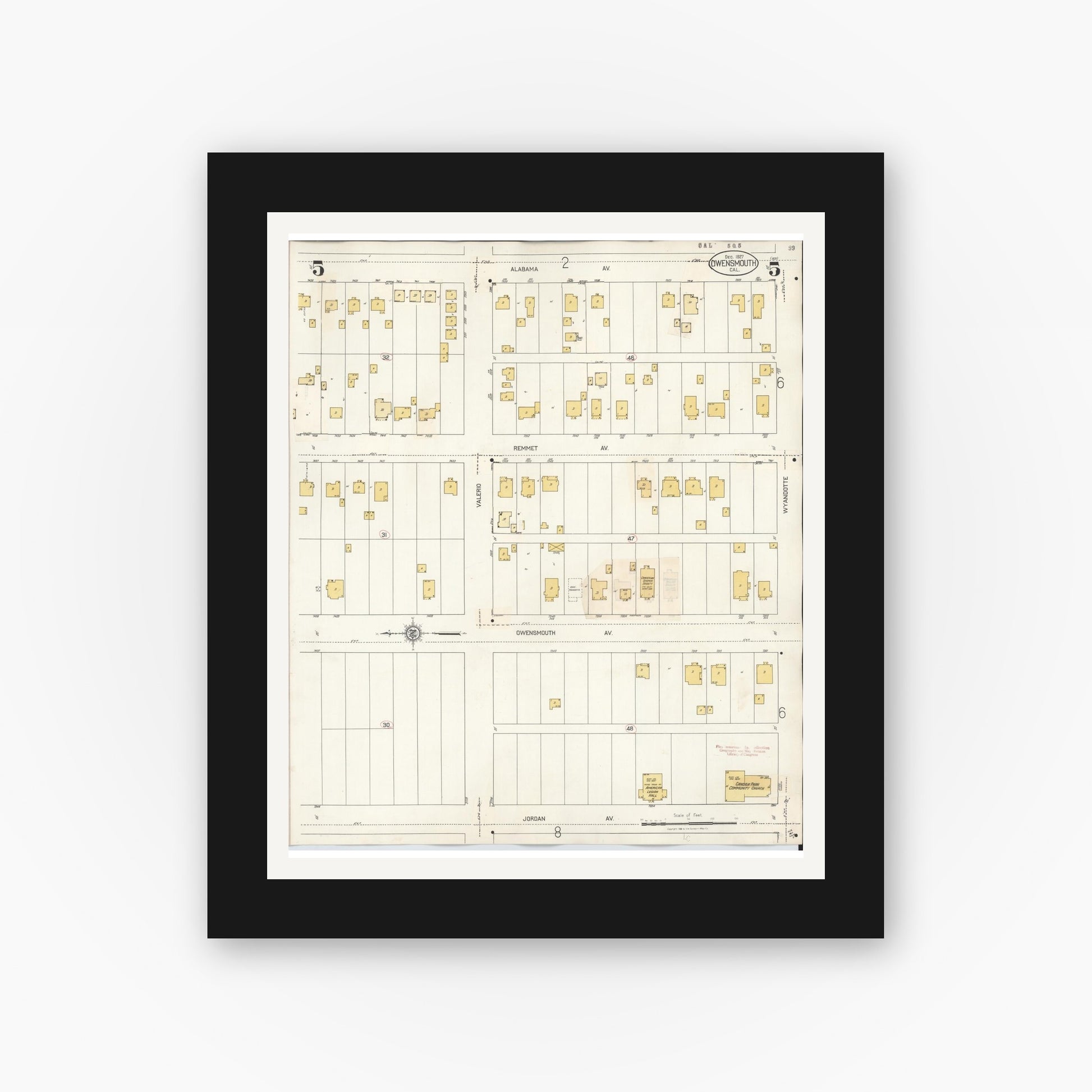 Old map wall art mockup — black gallery frame with white mat — Sanborn Fire Insurance Map from Canoga Park, Los Angeles County, California (1932), Sheet #0005