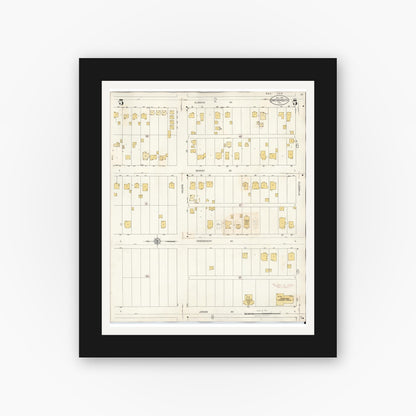 Old map wall art mockup — black gallery frame with white mat — Sanborn Fire Insurance Map from Canoga Park, Los Angeles County, California (1932), Sheet #0005