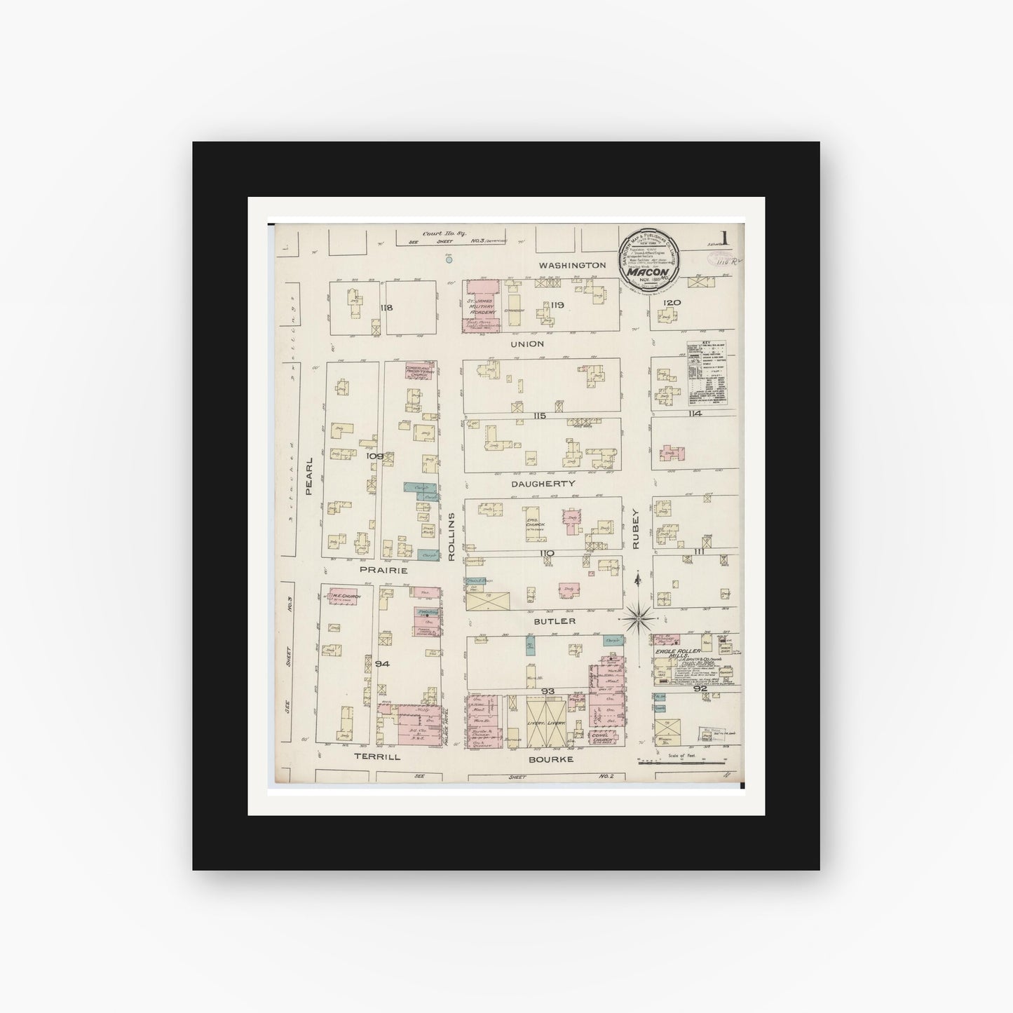 Old map wall art mockup — black gallery frame with white mat — Sanborn Fire Insurance Map from Macon, Macon County, Missouri (1885), Sheet #0001