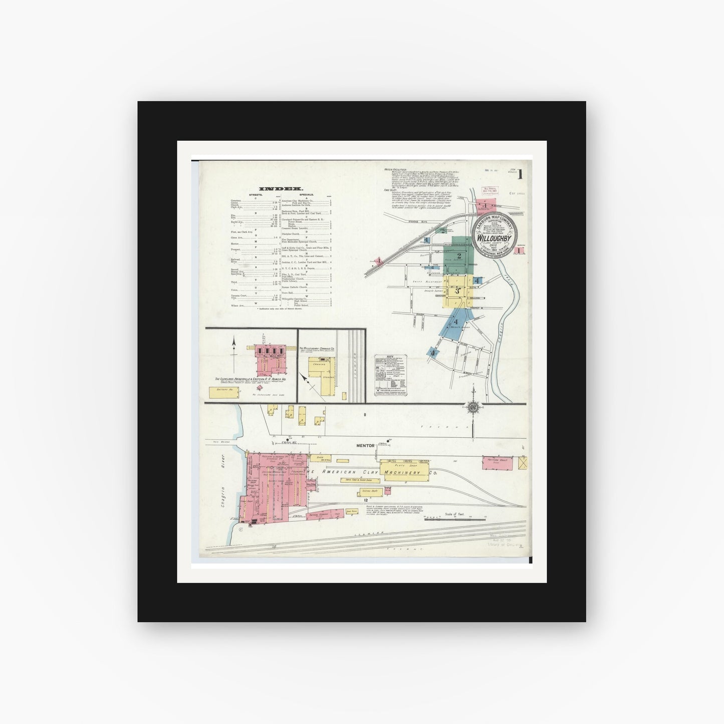 Old map wall art mockup — black gallery frame with white mat — Sanborn Fire Insurance Map from Willoughby, Lake County, Ohio (1911) - Complete Map Set