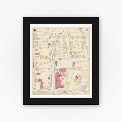 Old map wall art mockup — black gallery frame with white mat — Sanborn Fire Insurance Map from Herkimer, Herkimer County, New York (1923), Sheet #0017