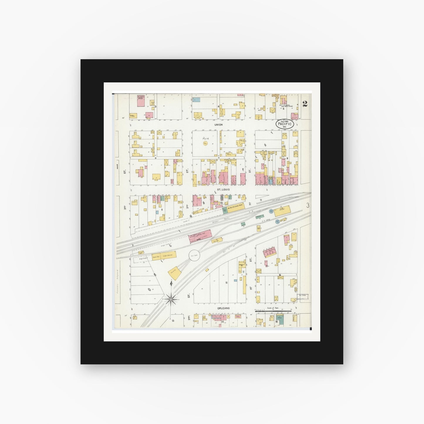 Old map wall art mockup — black gallery frame with white mat — Sanborn Fire Insurance Map from Pacific, Franklin County, Missouri (1903), Sheet #0002