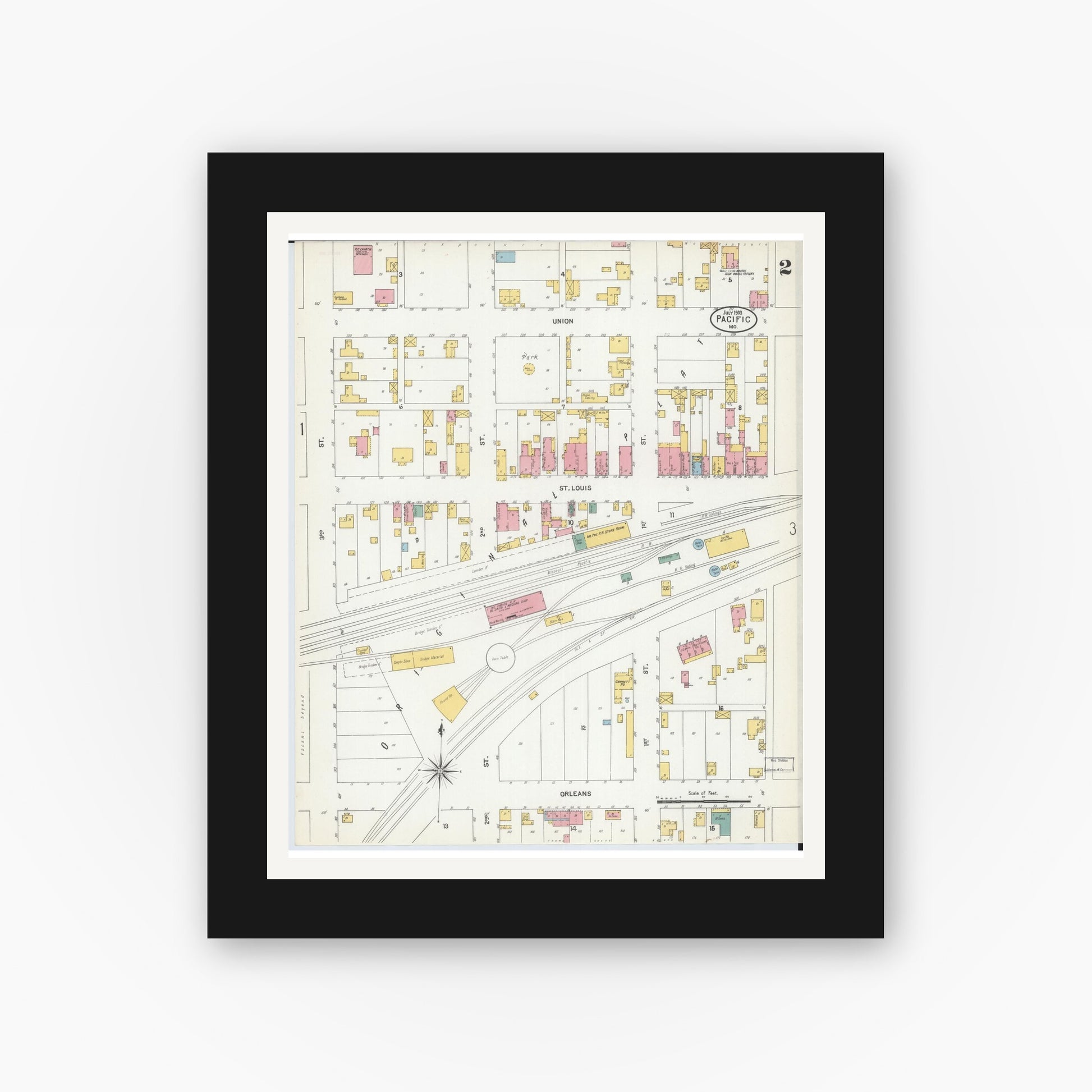 Old map wall art mockup — black gallery frame with white mat — Sanborn Fire Insurance Map from Pacific, Franklin County, Missouri (1903), Sheet #0002