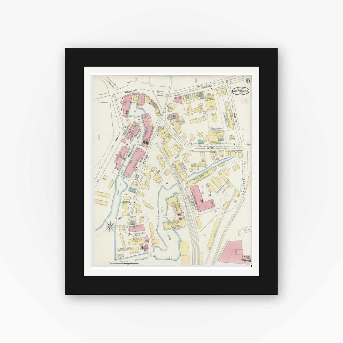 Old map wall art mockup — black gallery frame with white mat — Sanborn Fire Insurance Map from Amesbury, Essex County, Massachusetts (1894), Sheet #0006