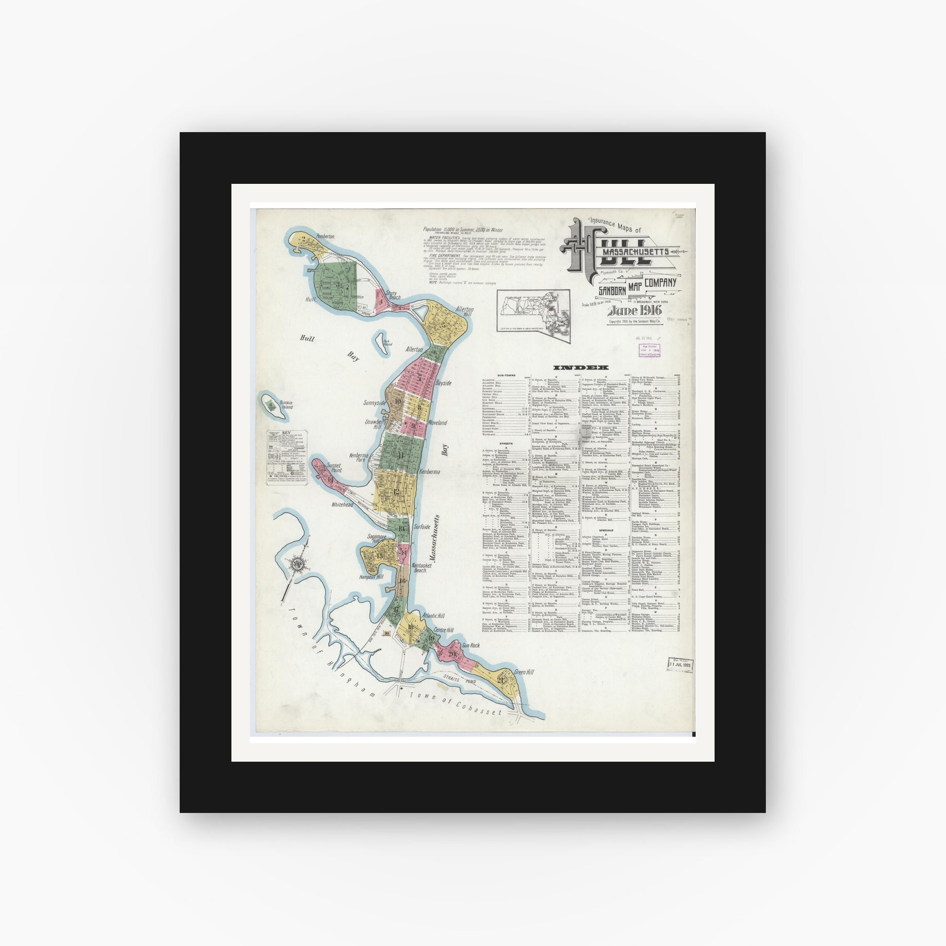 Old map wall art mockup — black gallery frame with white mat — Sanborn Fire Insurance Map from Hull, Plymouth County, Massachusetts (1916) - Complete Map Set