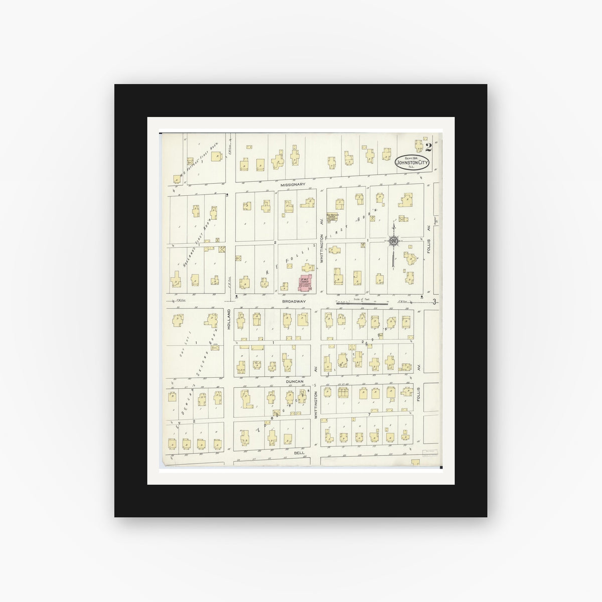 Old map wall art mockup — black gallery frame with white mat — Sanborn Fire Insurance Map from Johnston City, Williamson County, Illinois (1914), Sheet #0002