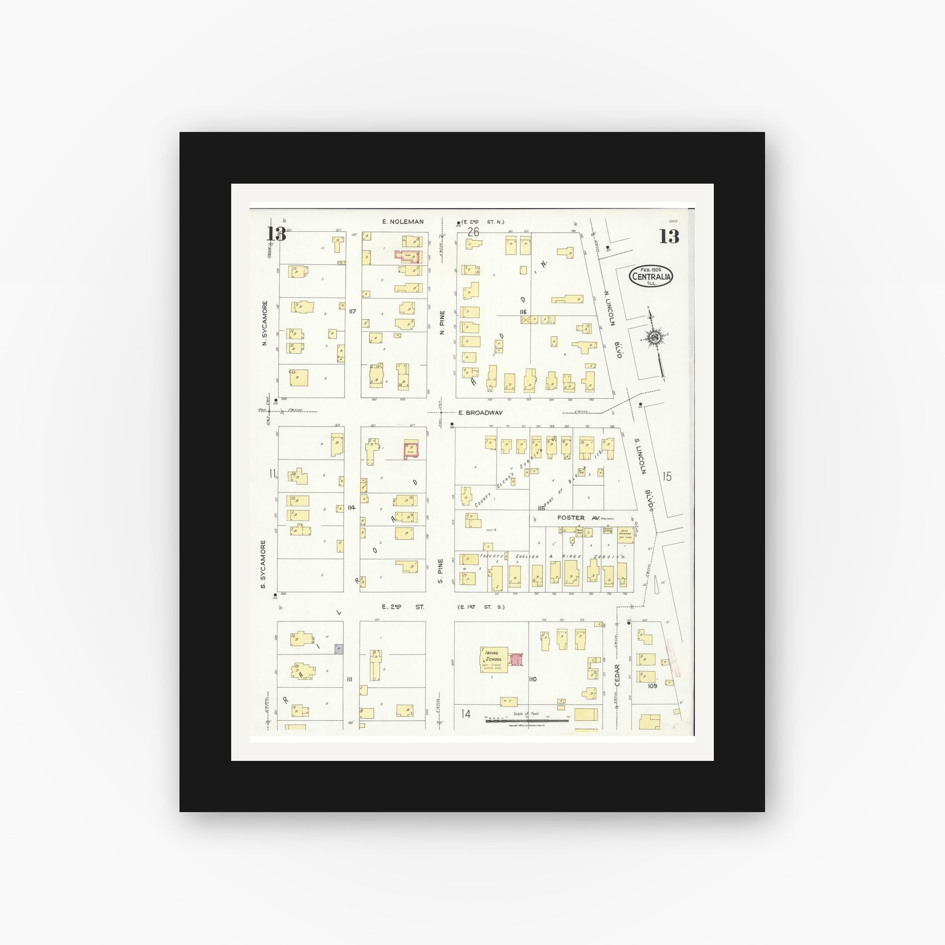 Old map wall art mockup — black gallery frame with white mat — Sanborn Fire Insurance Map from Centralia, Marion, Clinton, Jefferson, and Washington Counties, Illinois (1924), Sheet #0013