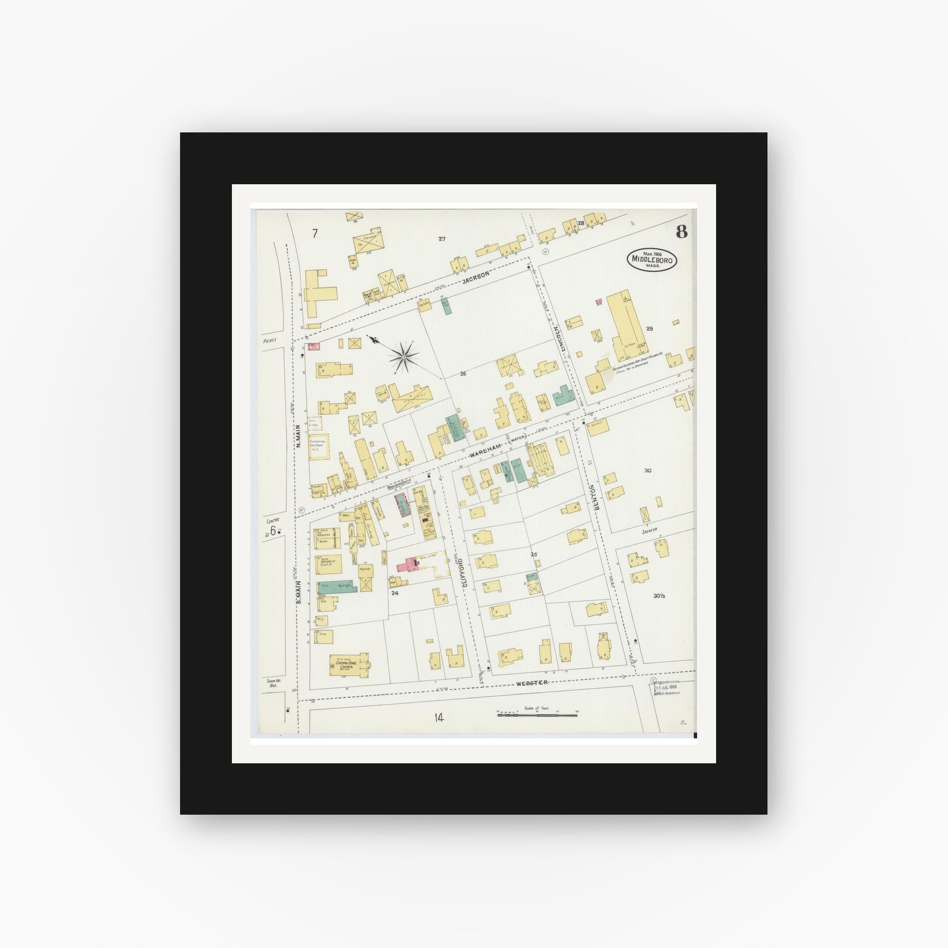 Old map wall art mockup — black gallery frame with white mat — Sanborn Fire Insurance Map from Middleboro, Plymouth County, Massachusetts (1906), Sheet #0008