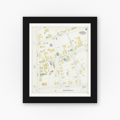 Old map wall art mockup — black gallery frame with white mat — Sanborn Fire Insurance Map from Middleboro, Plymouth County, Massachusetts (1906), Sheet #0008